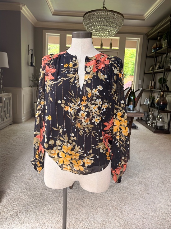 Joie Tops - Joie Black Floral Long-Sleeve Split-Neck Blouse